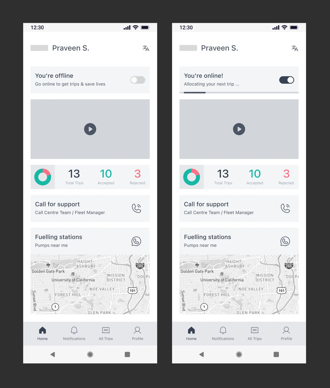 Iteration 1 wireframes of the home view, offline and online, with a toggle, video, trip stats, support and fuelling stations