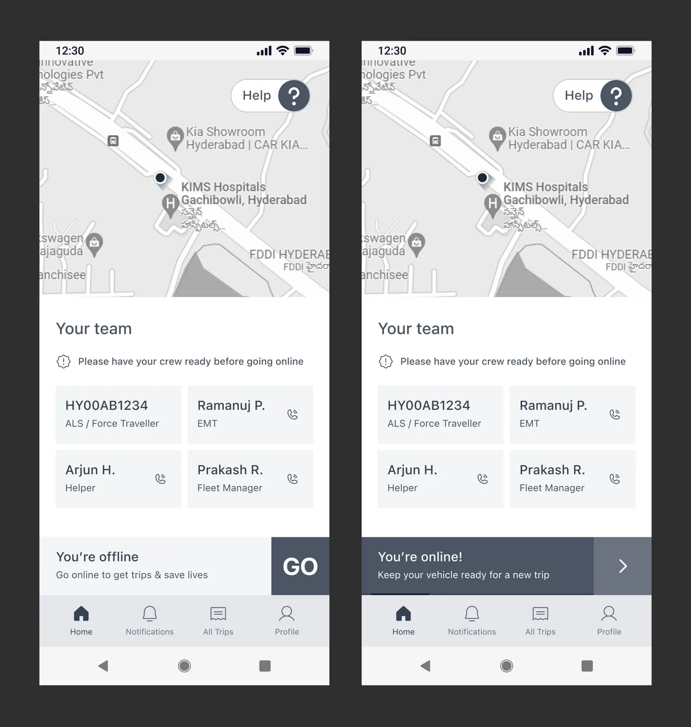 Iteration 2 wireframes of the home view: a map, the team for the day, and a go-online bar at the bottom