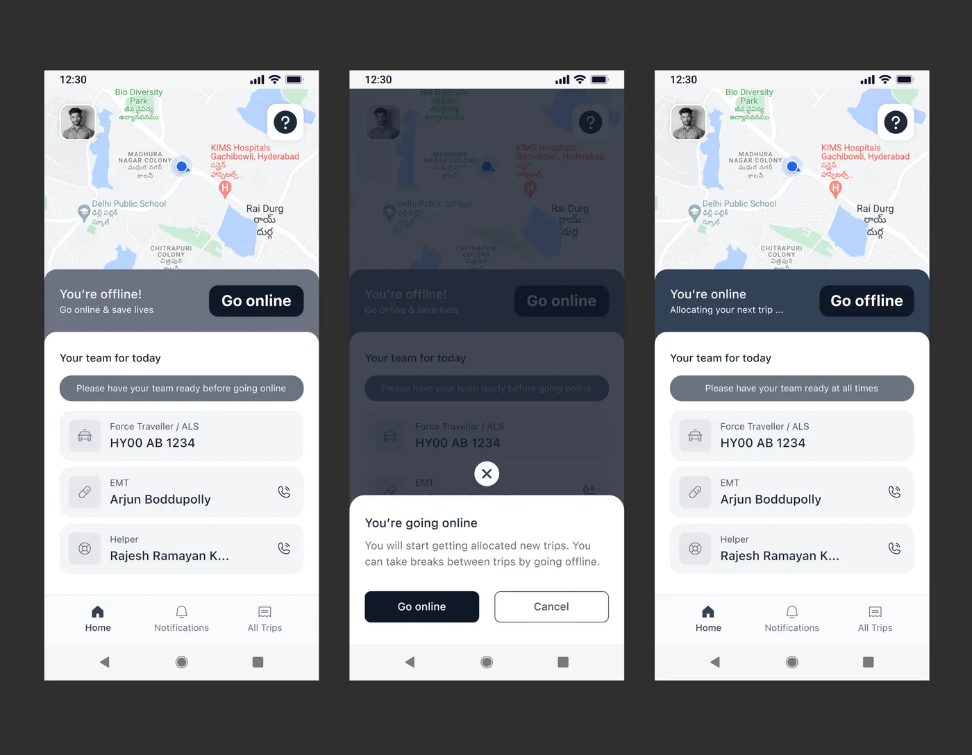 Iteration 3 wireframes of the home view: offline, the going-online confirmation, and online