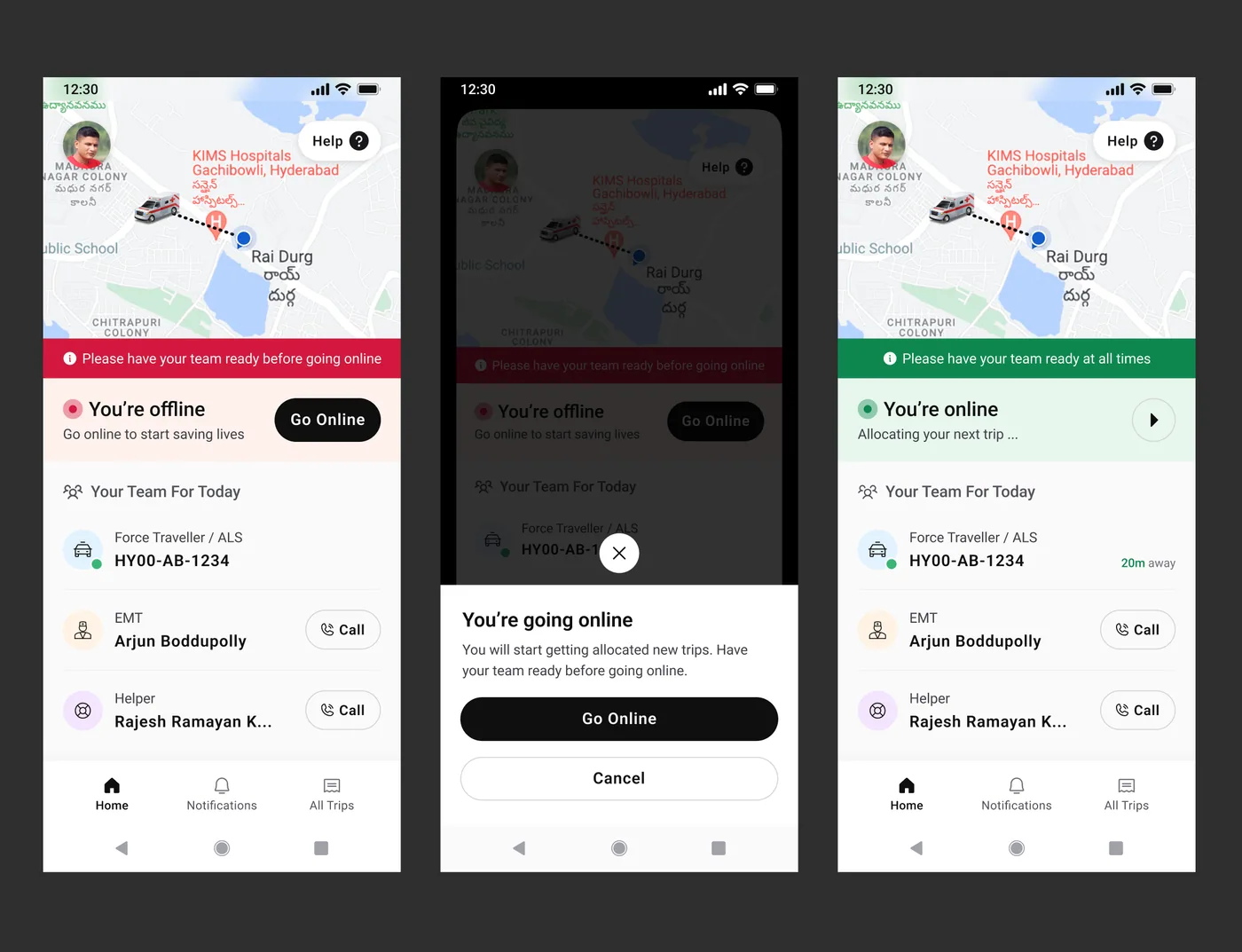 Iteration 4 visual designs of the home view: offline with a red banner, the going-online confirmation, and online with a green banner