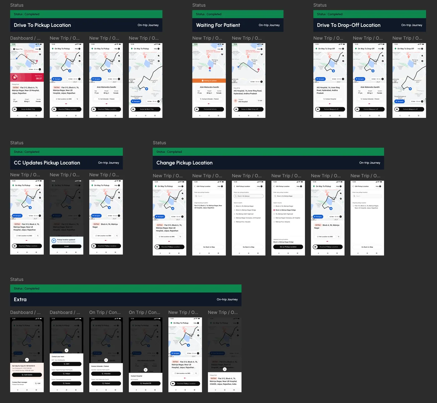 On-trip journey screens: driving to pickup, waiting for the patient, driving to drop-off, and pickup location changes
