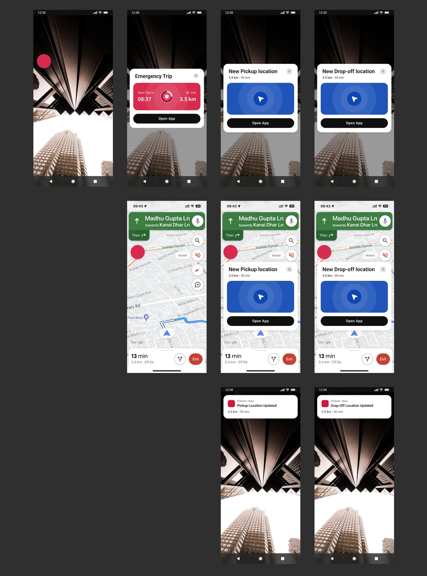 The app collapsed into a floating button over other apps, expanding into cards for an emergency trip and new pickup or drop-off locations