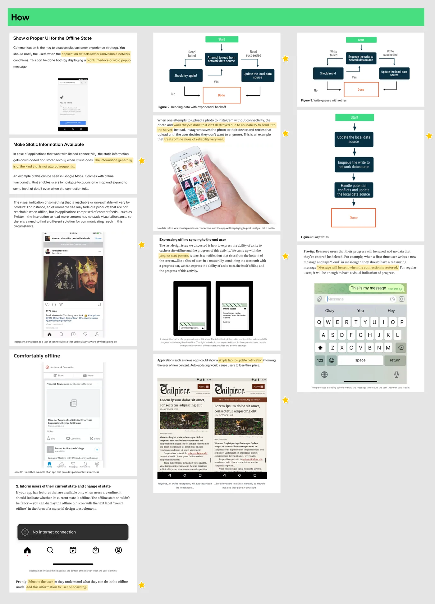 Offline mode research, how: examples from Instagram, LinkedIn, Telegram and news apps, with read and write retry flows