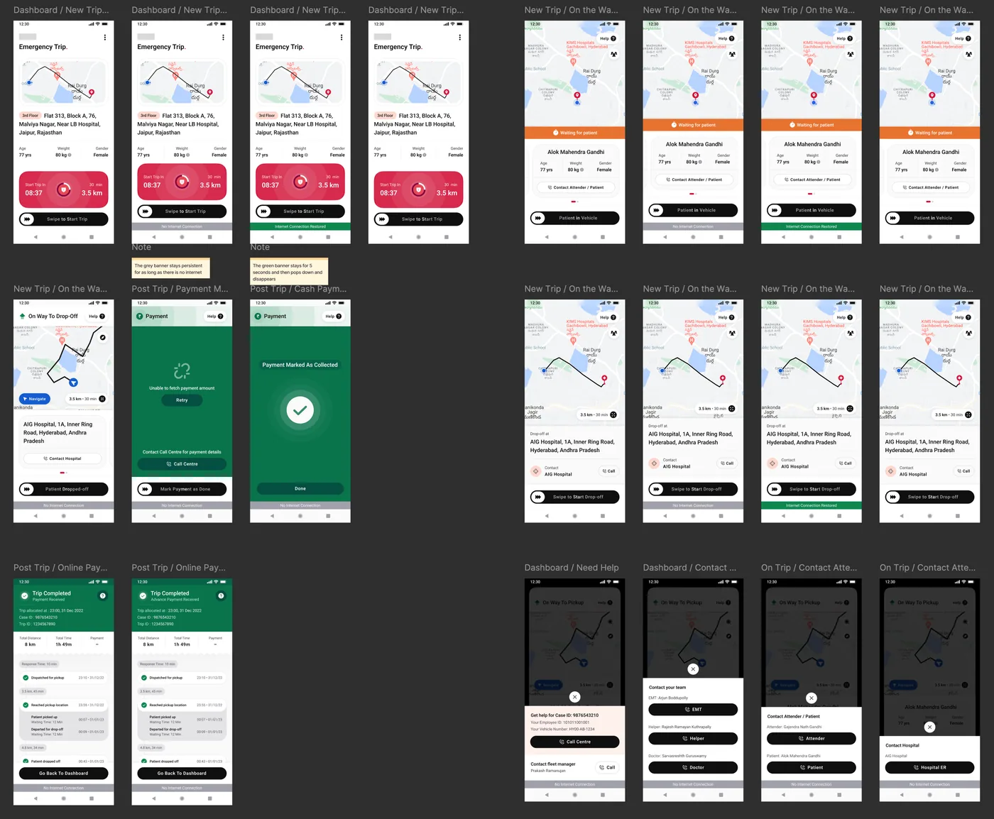 Trip screens in offline mode, with a no-internet banner, a connection-restored banner, and offline payment and support states