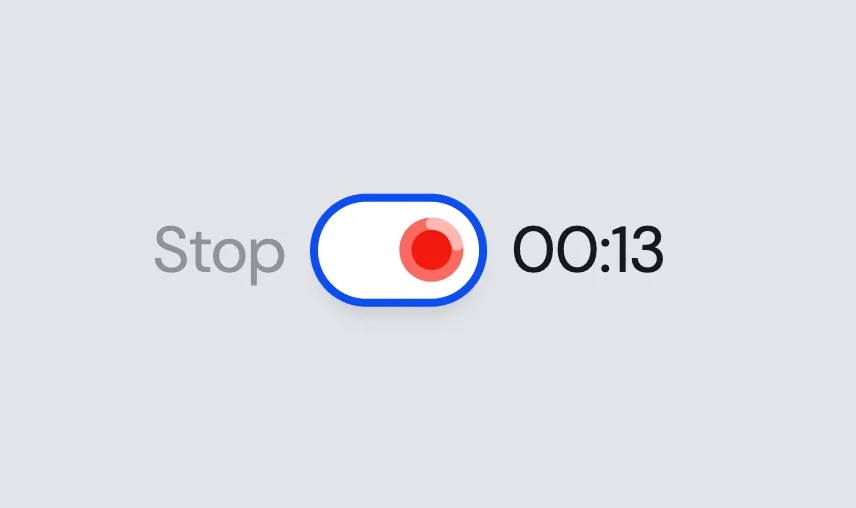 A recording toggle switch: Stop label, a switch with a red record dot, and a 00:13 timer