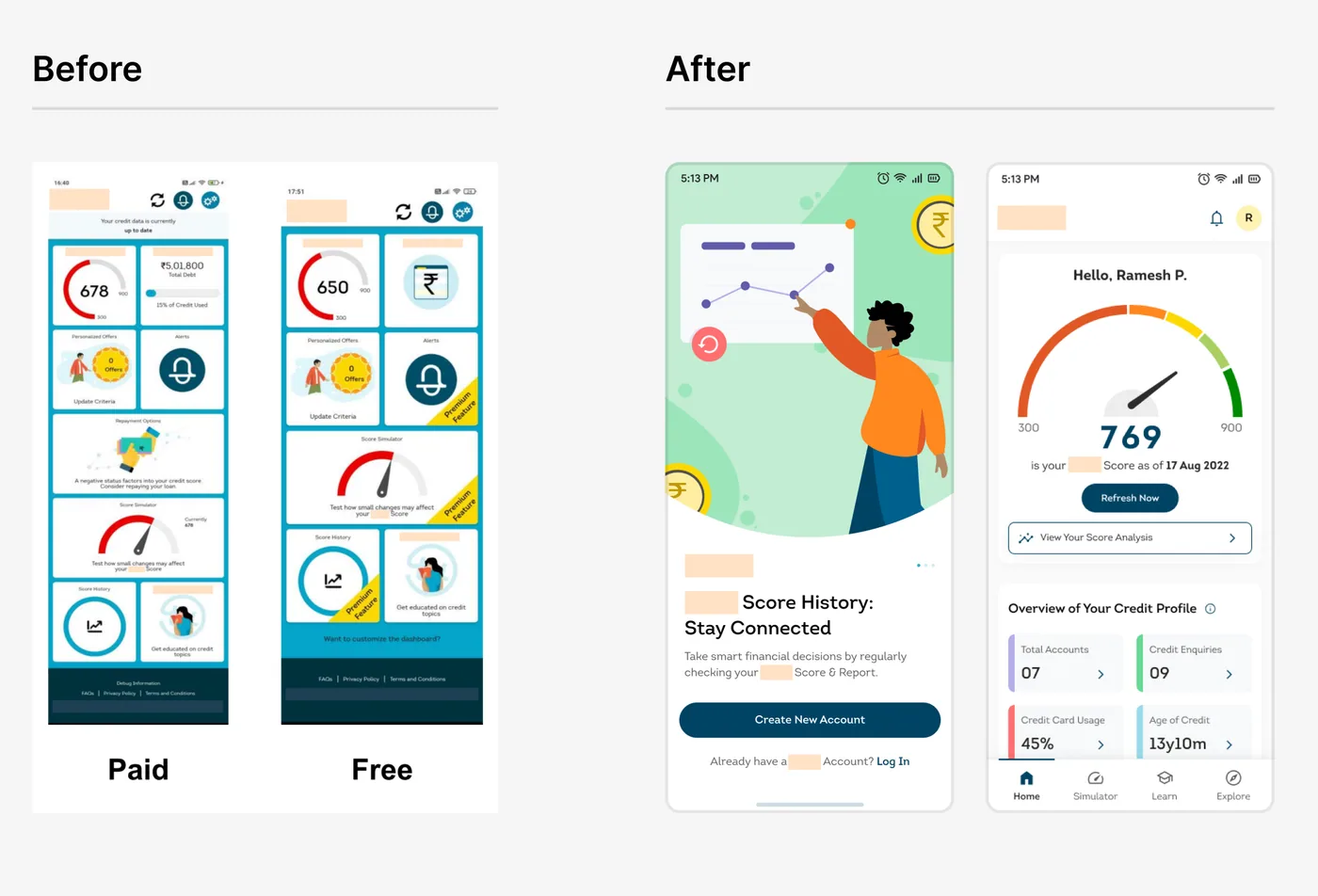 Before and after: the old C app home screens for paid and free users, next to the redesigned onboarding and home screens