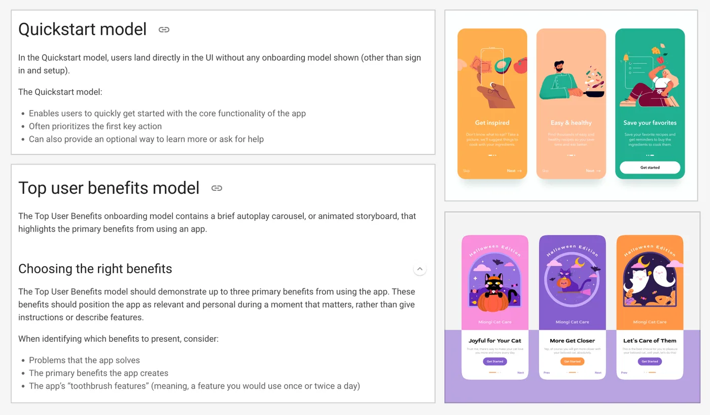 Secondary research on onboarding models, such as the Quickstart model and the Top user benefits model, with benchmark examples