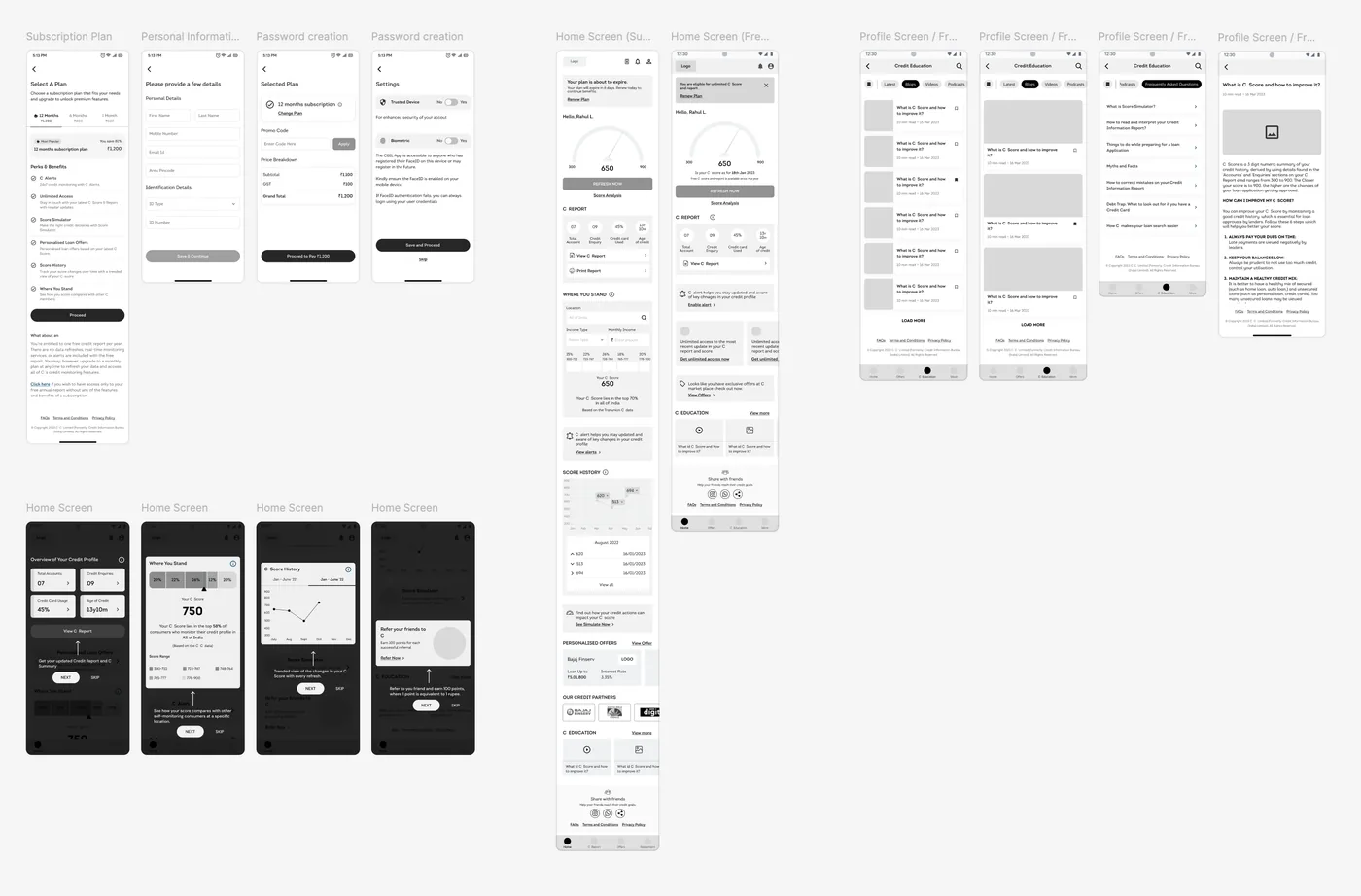 Low-fidelity wireframes of the app’s core screens
