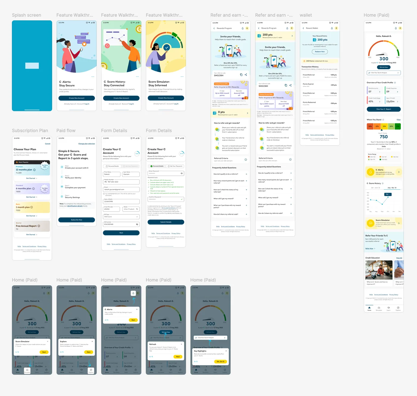 Visual designs of the app’s onboarding, subscription and home screens