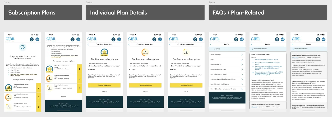 The live screens before the revamp: subscription plans, individual plan details, and plan-related FAQs