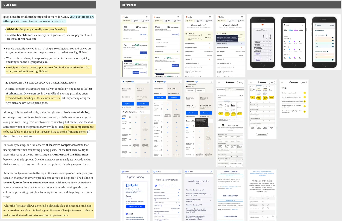 Pricing page guidelines alongside reference pricing screens from other platforms