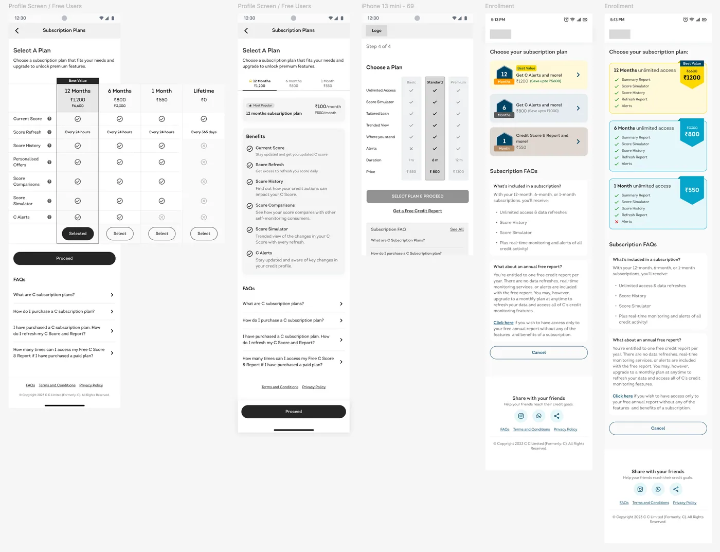 Layout variants of the subscription plan screen