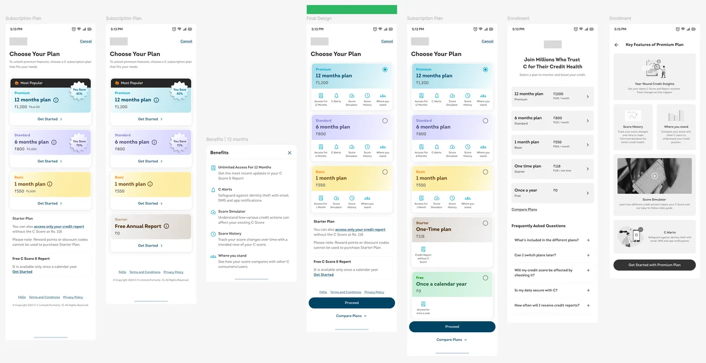 Phase 2 subscription plan screens, with the chosen design marked in green and two suggested alternatives on the right