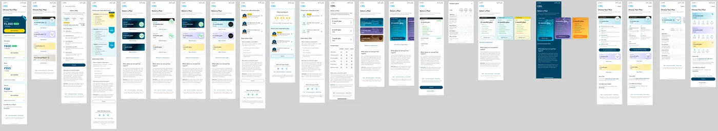A row of all the subscription screen variations that were explored