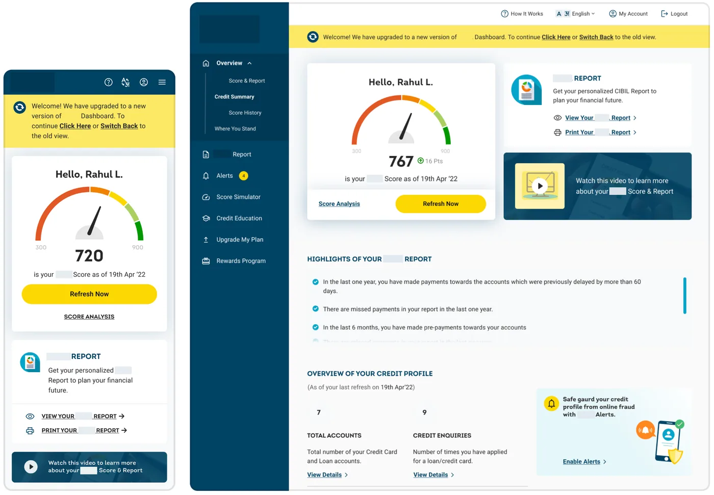 Redesigned web dashboard on mobile and desktop, showing the credit score overview