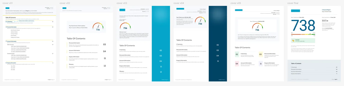 Design iterations of the credit report cover page