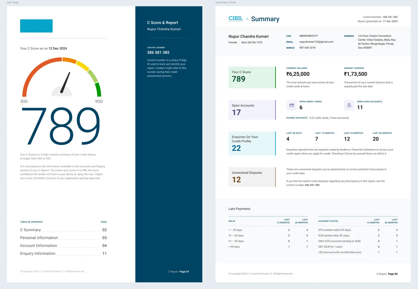 Final designs of the credit report cover page and summary page