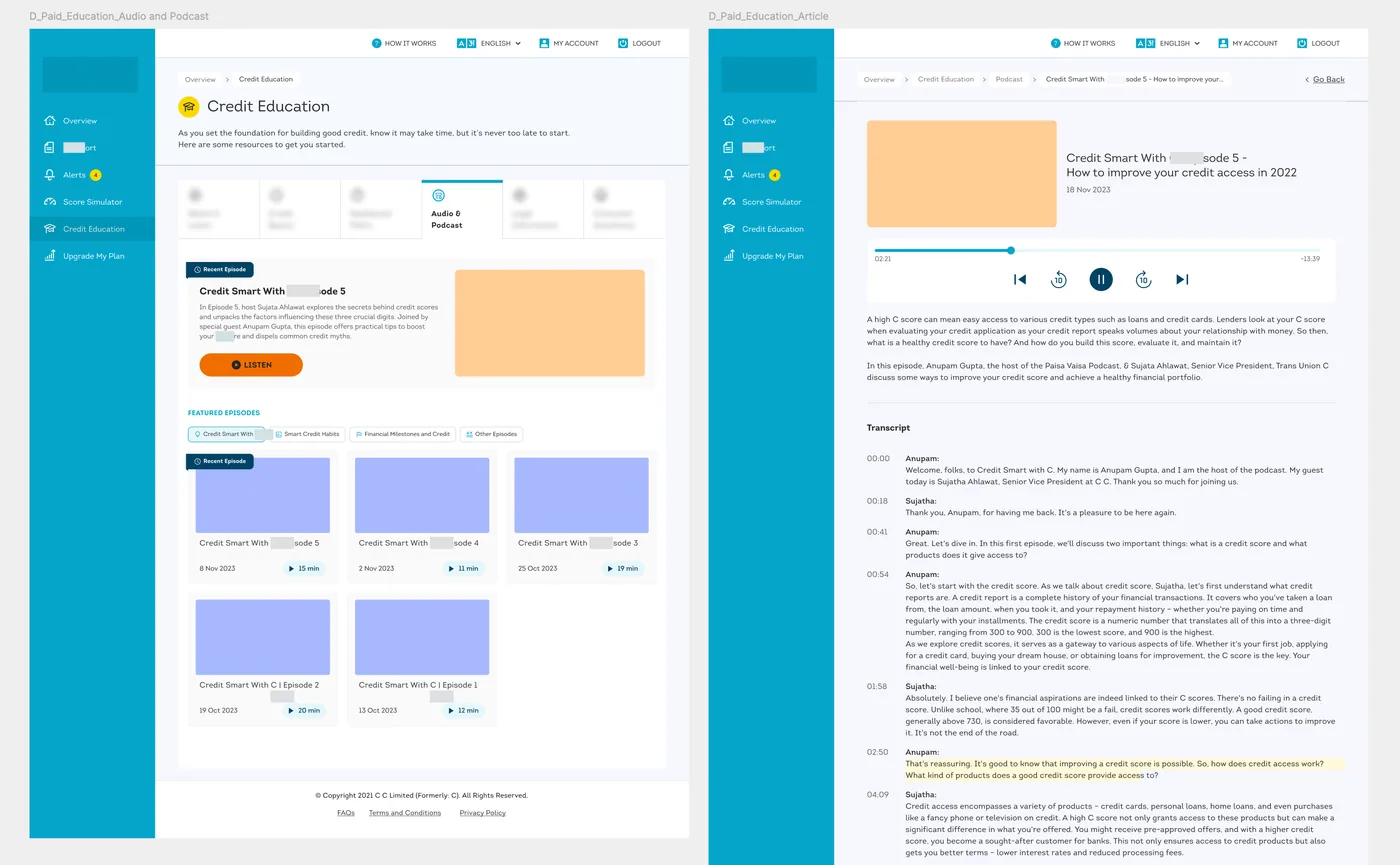 Podcast section in the web dashboard: episode list and episode page with transcript