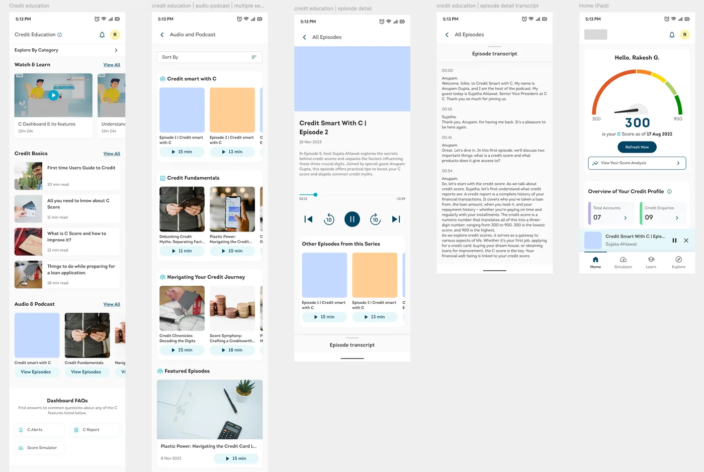 Podcast section in the mobile app: credit education, episodes, transcript and mini player