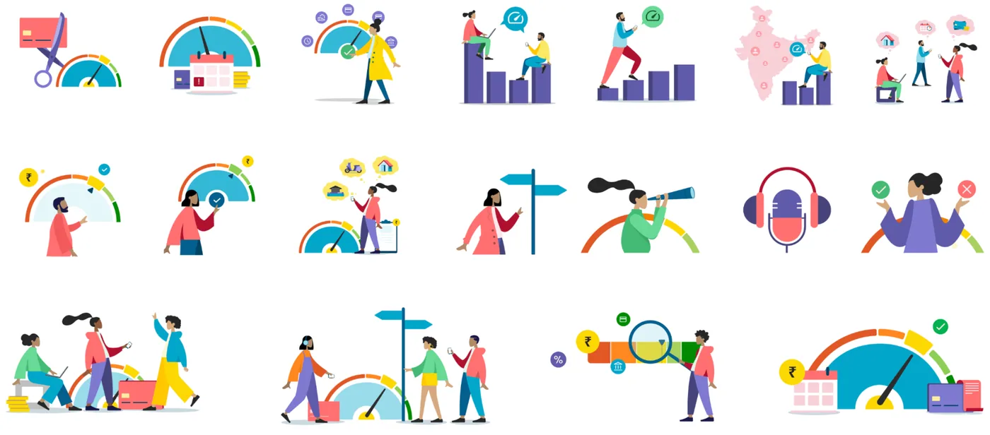 Illustration library: characters with credit score gauges, charts and finance themes