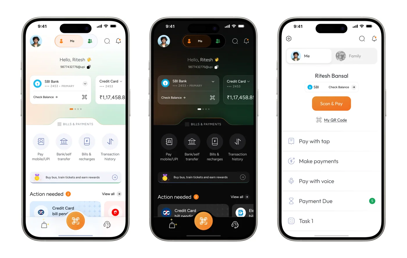 The three prototypes: home screen of the main variant in light mode and dark mode, and the minimal variant