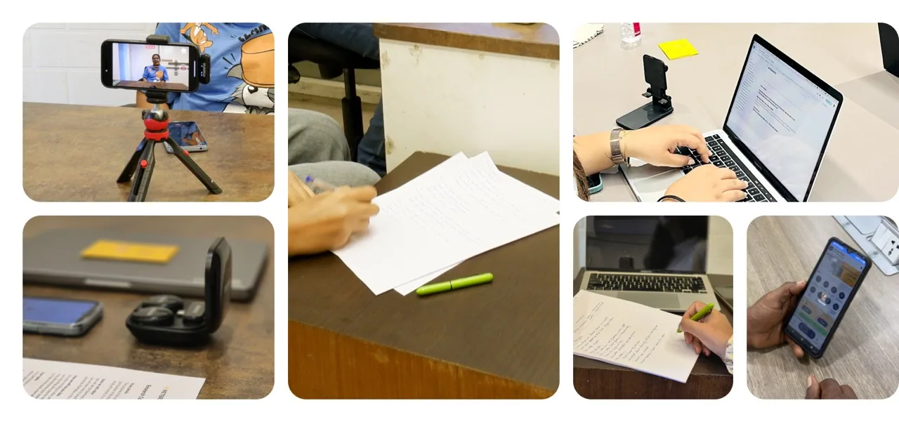 The testing setup: a phone on a tripod recording the participant, a wireless mic, handwritten notes, typed notes on a laptop, and a participant using the prototype