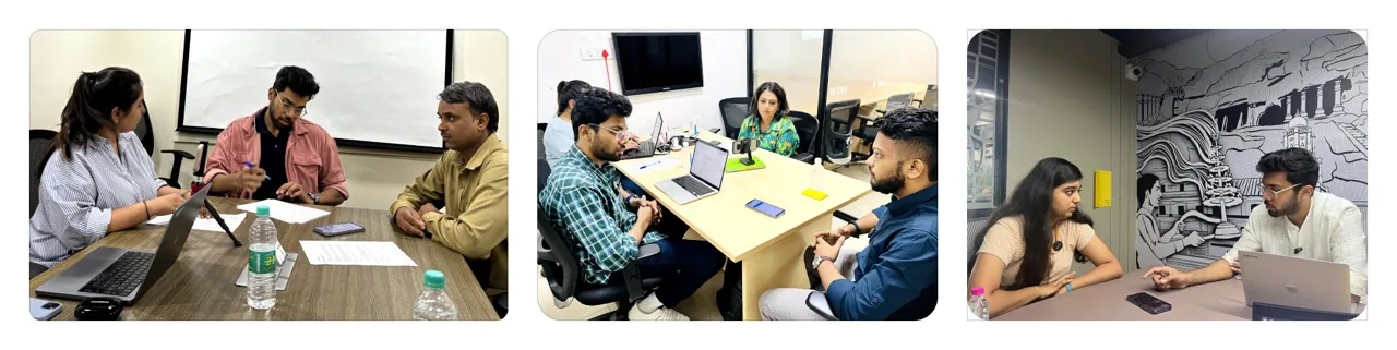 Three test sessions in progress: facilitators and scribes with participants around meeting tables