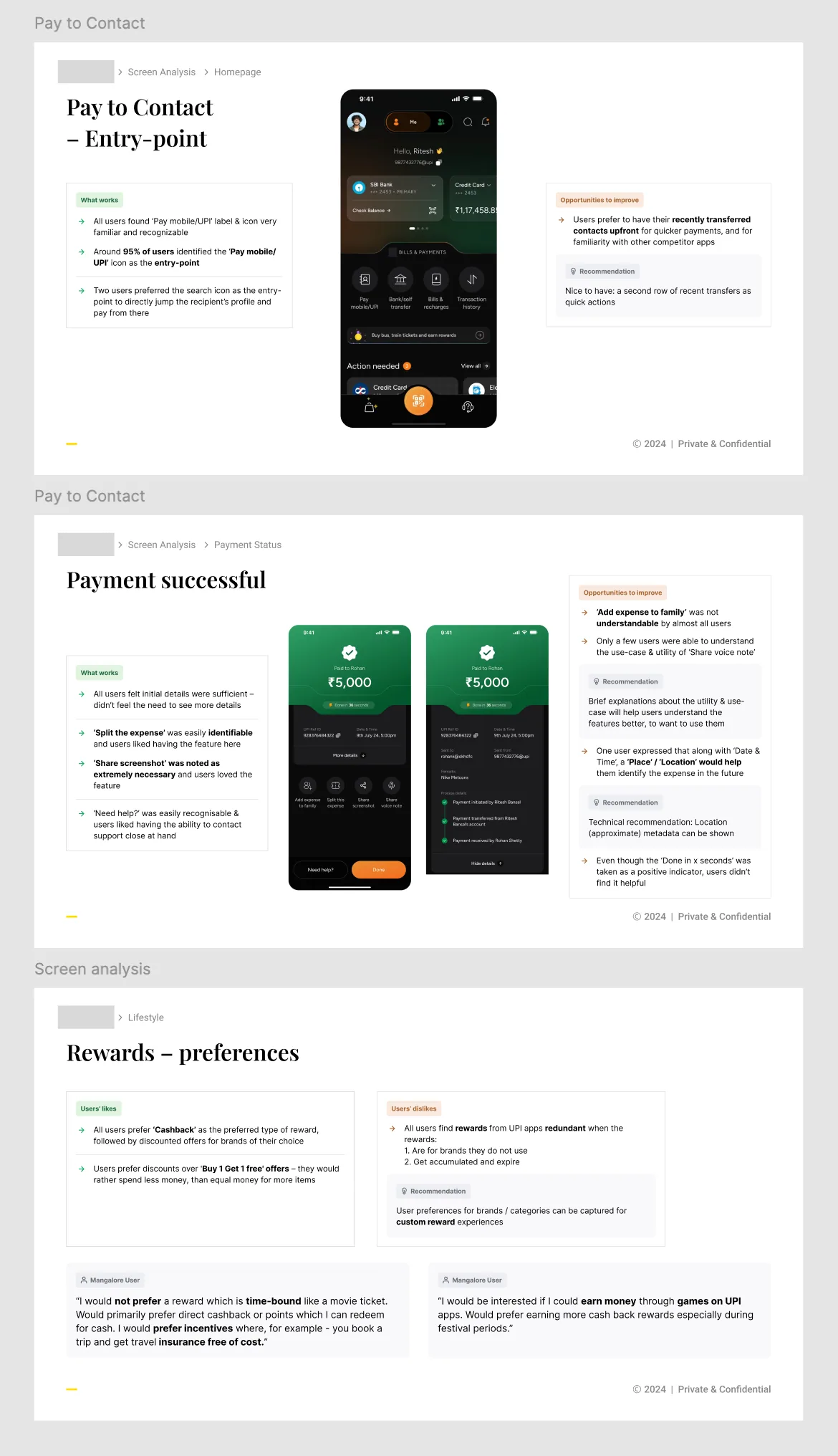 Screen analysis slides for the Pay to Contact entry point, the payment successful screen and reward preferences, each with what works, opportunities to improve and recommendations